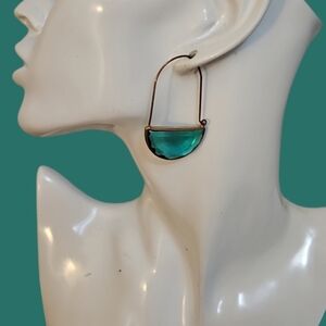 House of Harlow 1960 Faceted Teal Green Glass Mod Hoop Earrings